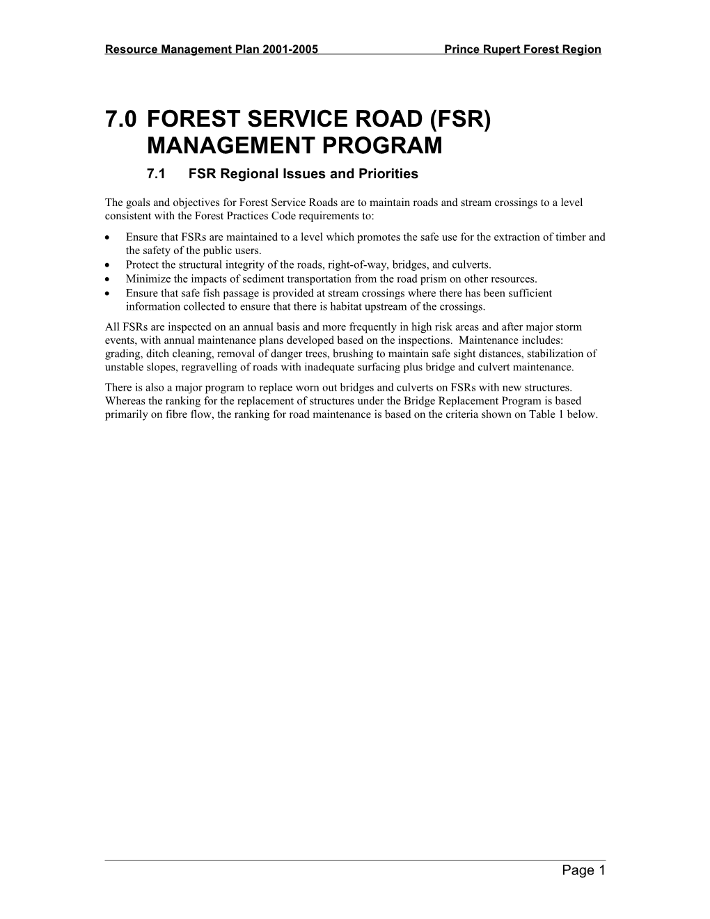 Resource Management Plan 2001-2005 Prince Rupert Forest Region