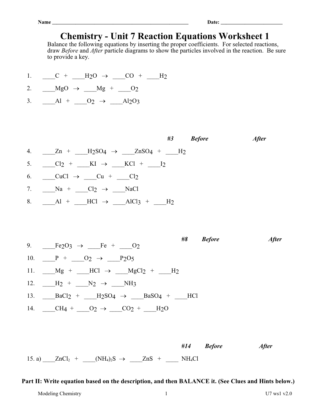Chemistry - Unit 7 Reaction Equations Worksheet 1