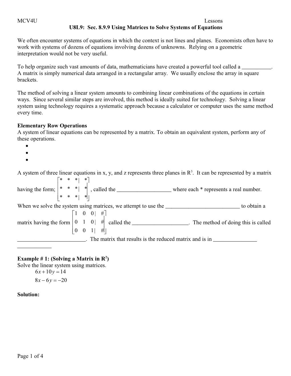 U8L9: Sec. 8.9.9 Using Matrices to Solve Systems of Equations