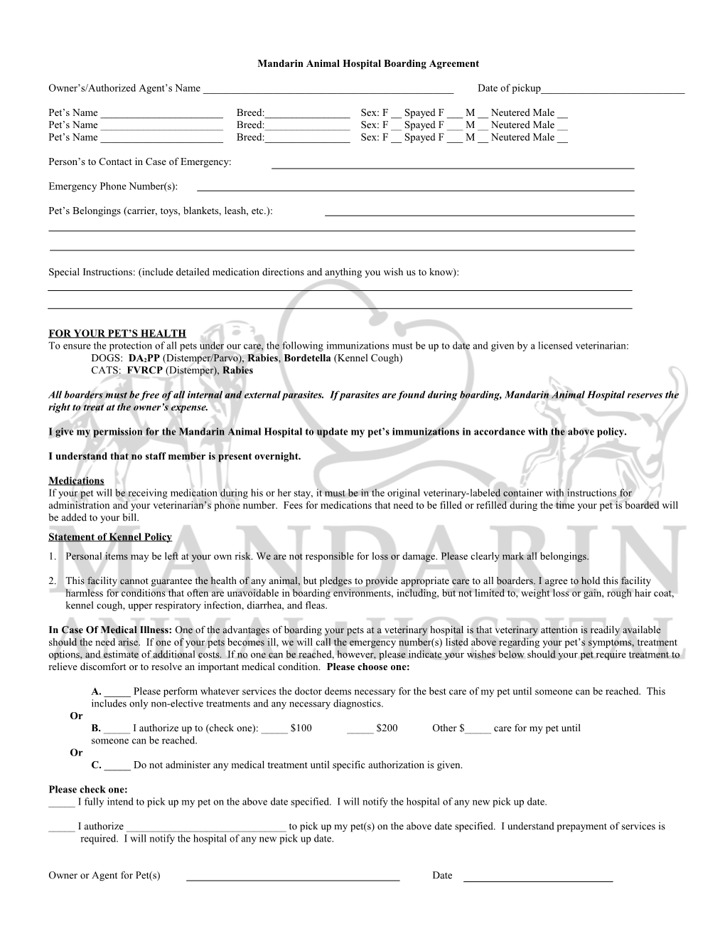 Mandarinanimalhospital Boarding Agreement