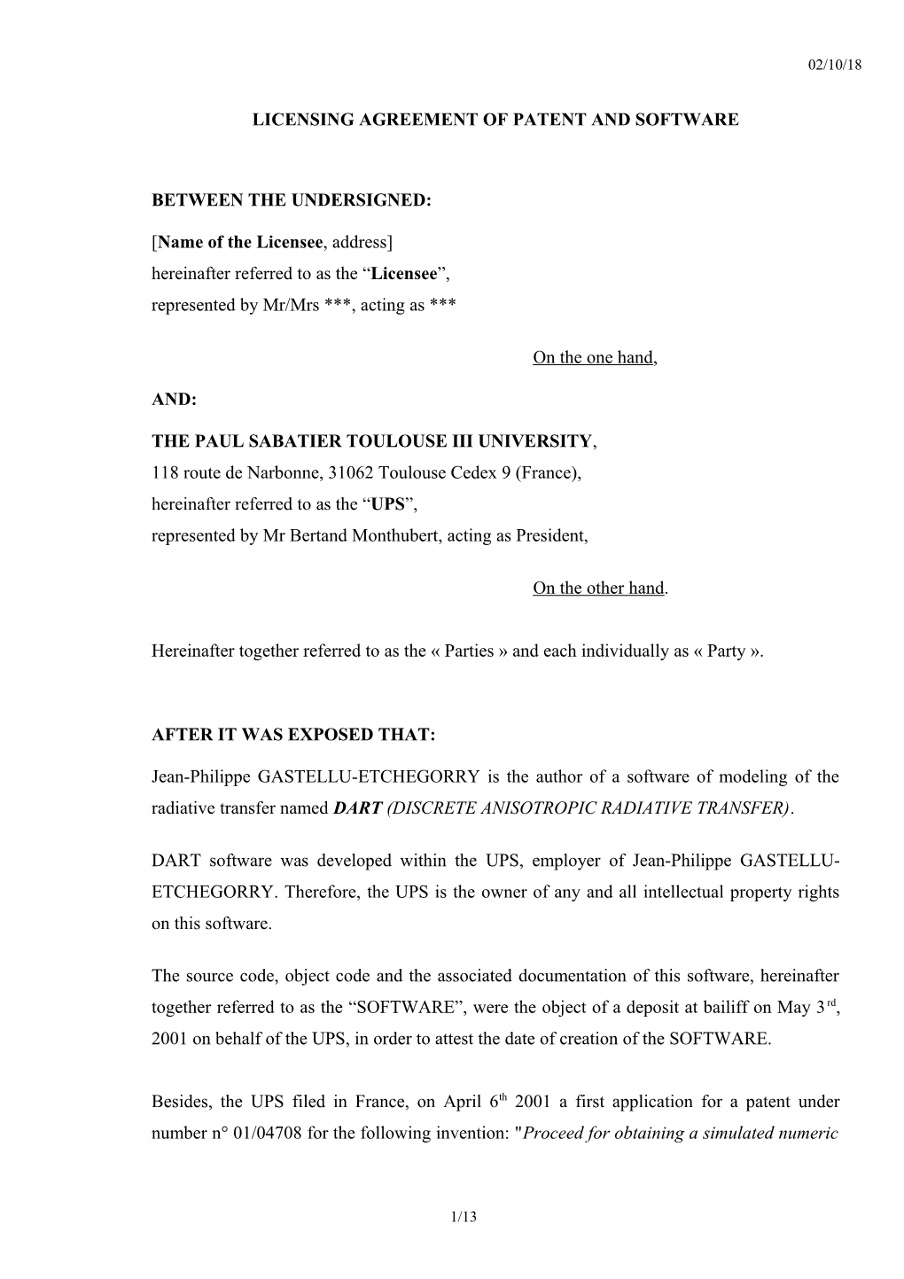 Licensing Agreement of Patent and Software