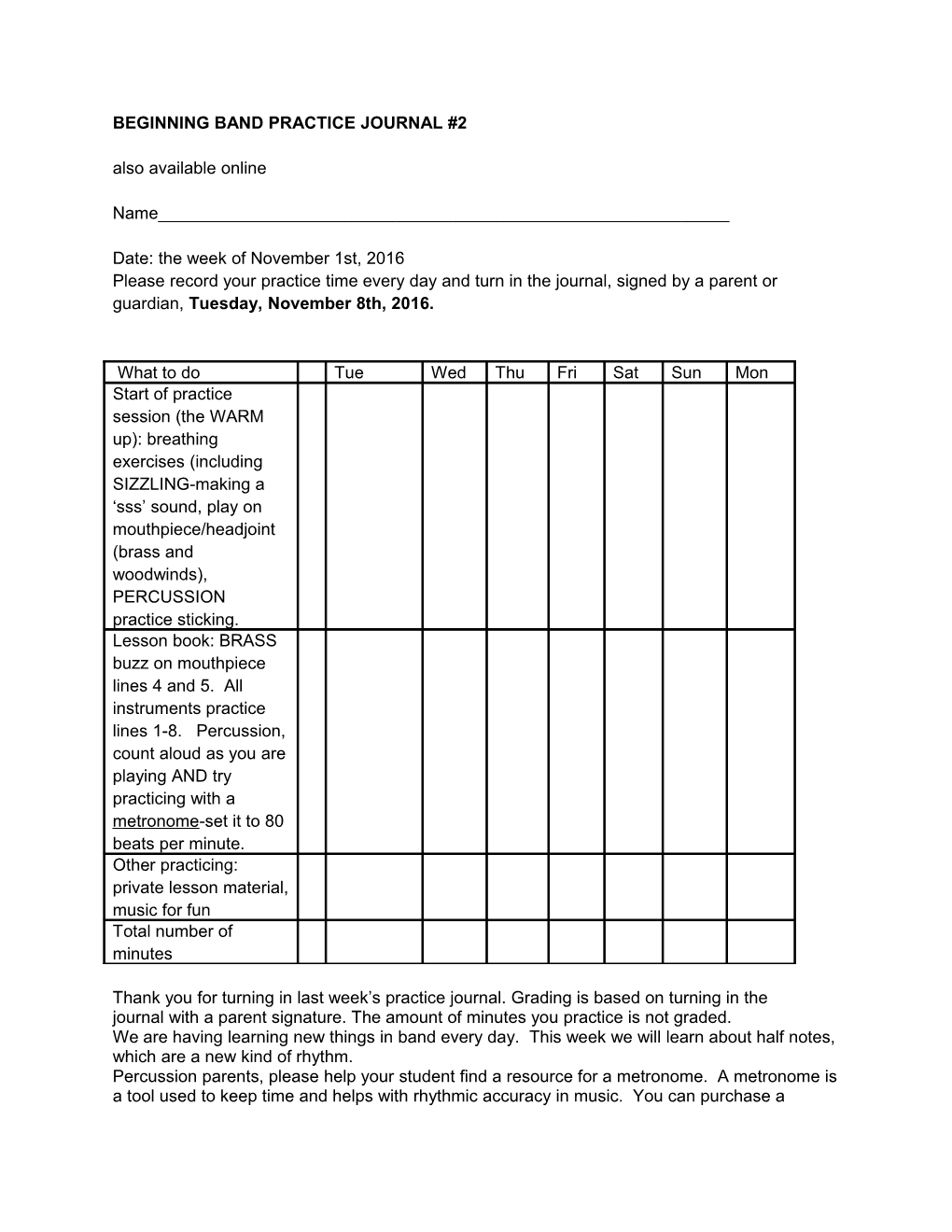 Beginning Band Practice Journal #2