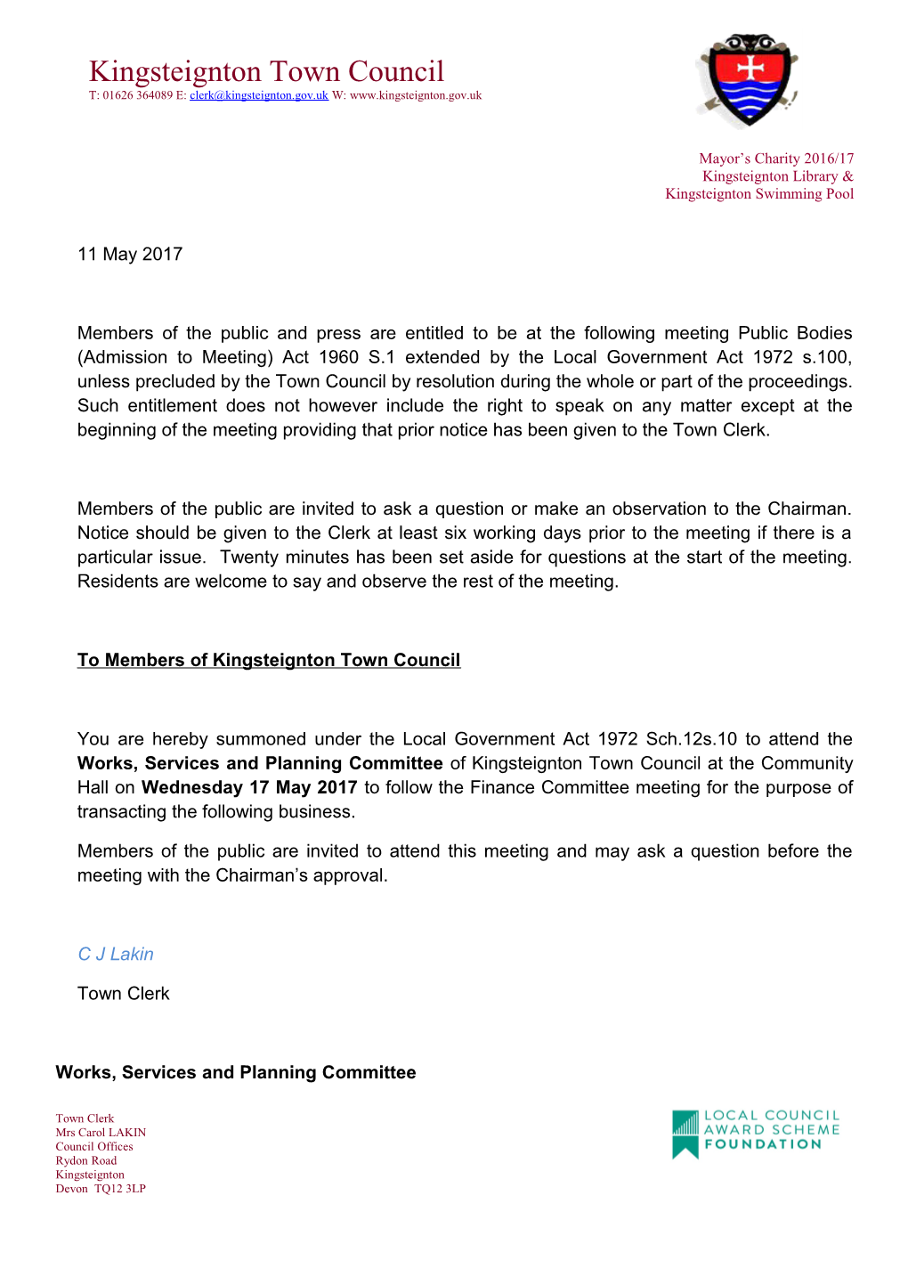 To Members of Kingsteignton Town Council