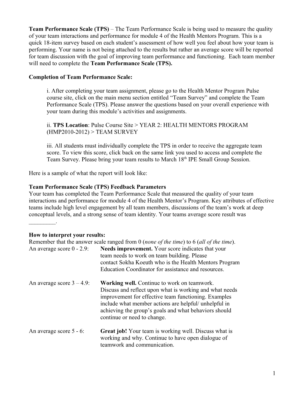 Completion of Team Performance Scale