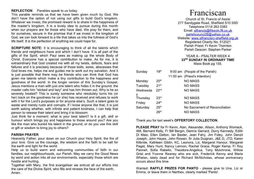 Franciscan Newsletter: the 33Rd Sunday in Ordinary Time