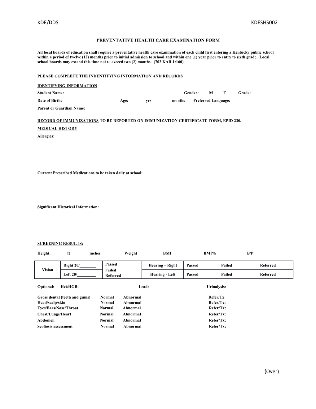 Preventative Health Care Examination Form