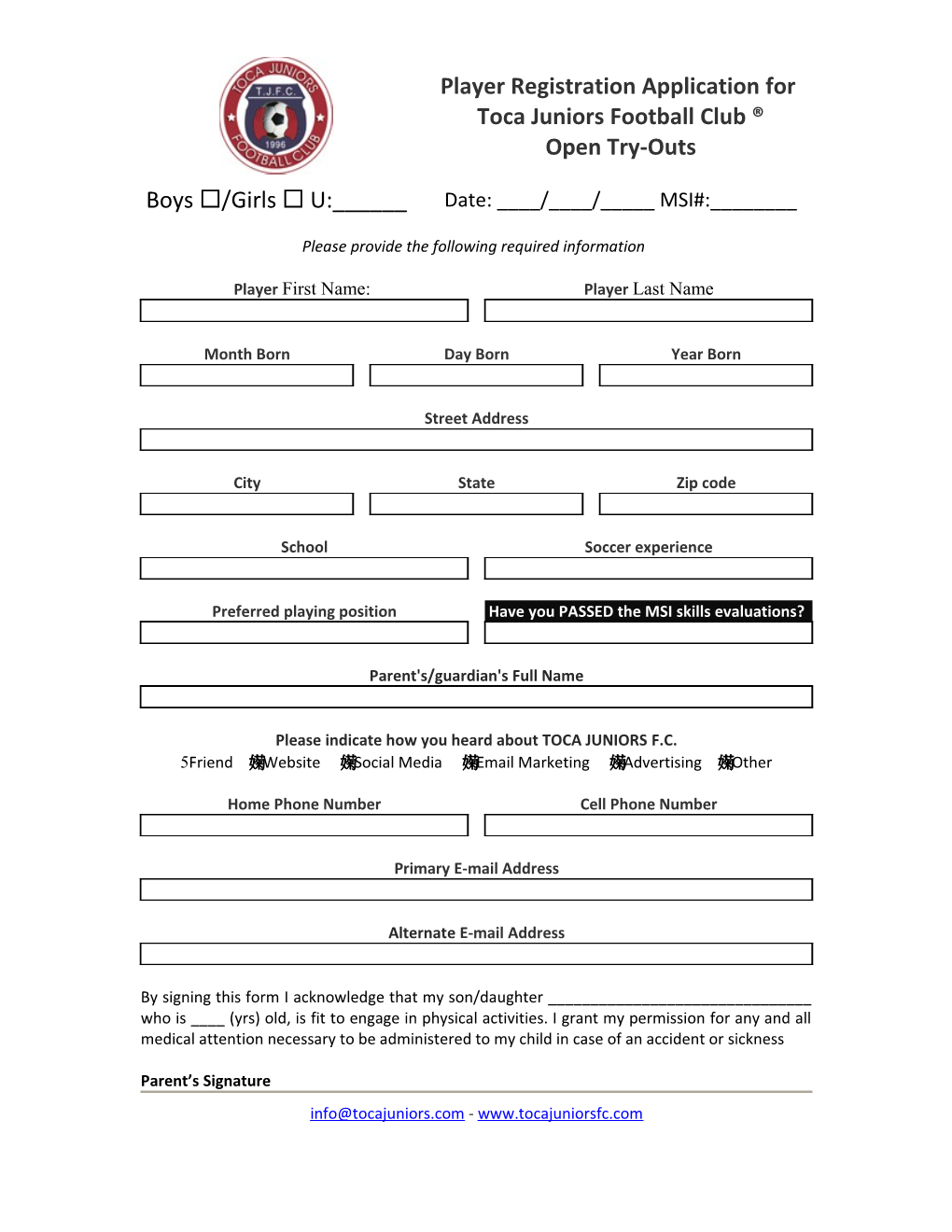 Toca Juniors Football Club Youth and Adult Soccer Tryout Player Registation Form