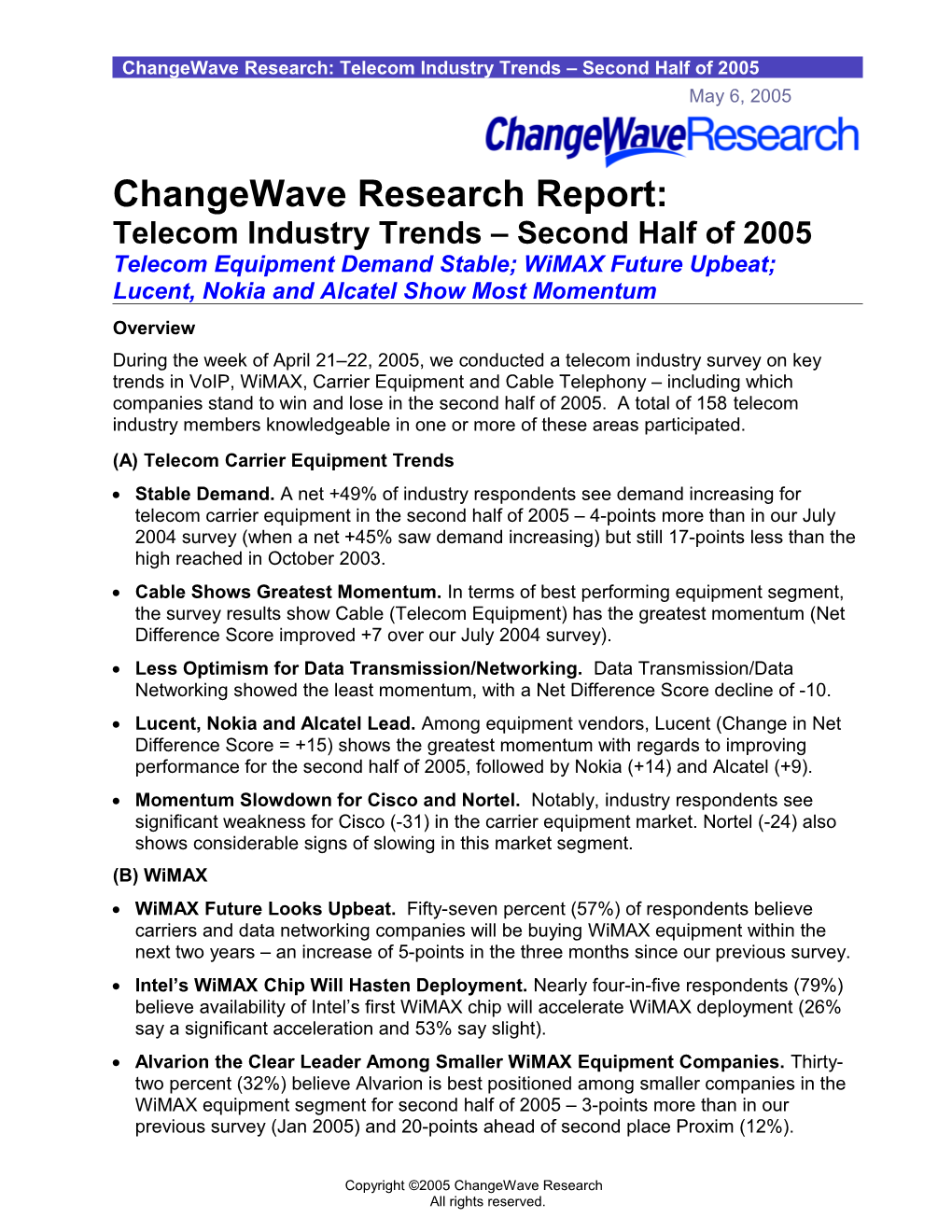 Changewave Research: Telecom Industry Trends Second Half of 2005