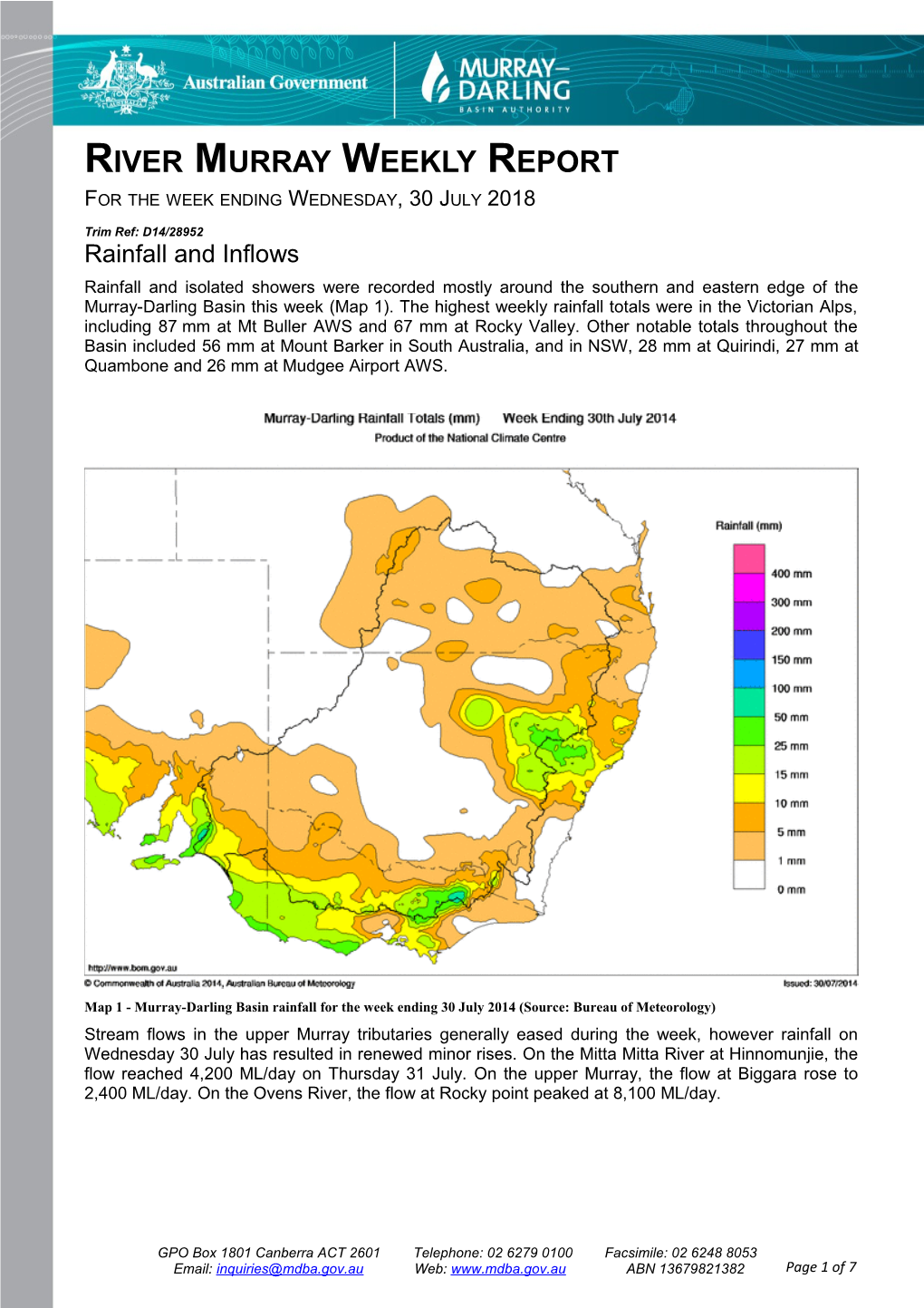 River Murray Operations Weekly Report 30 July 2014