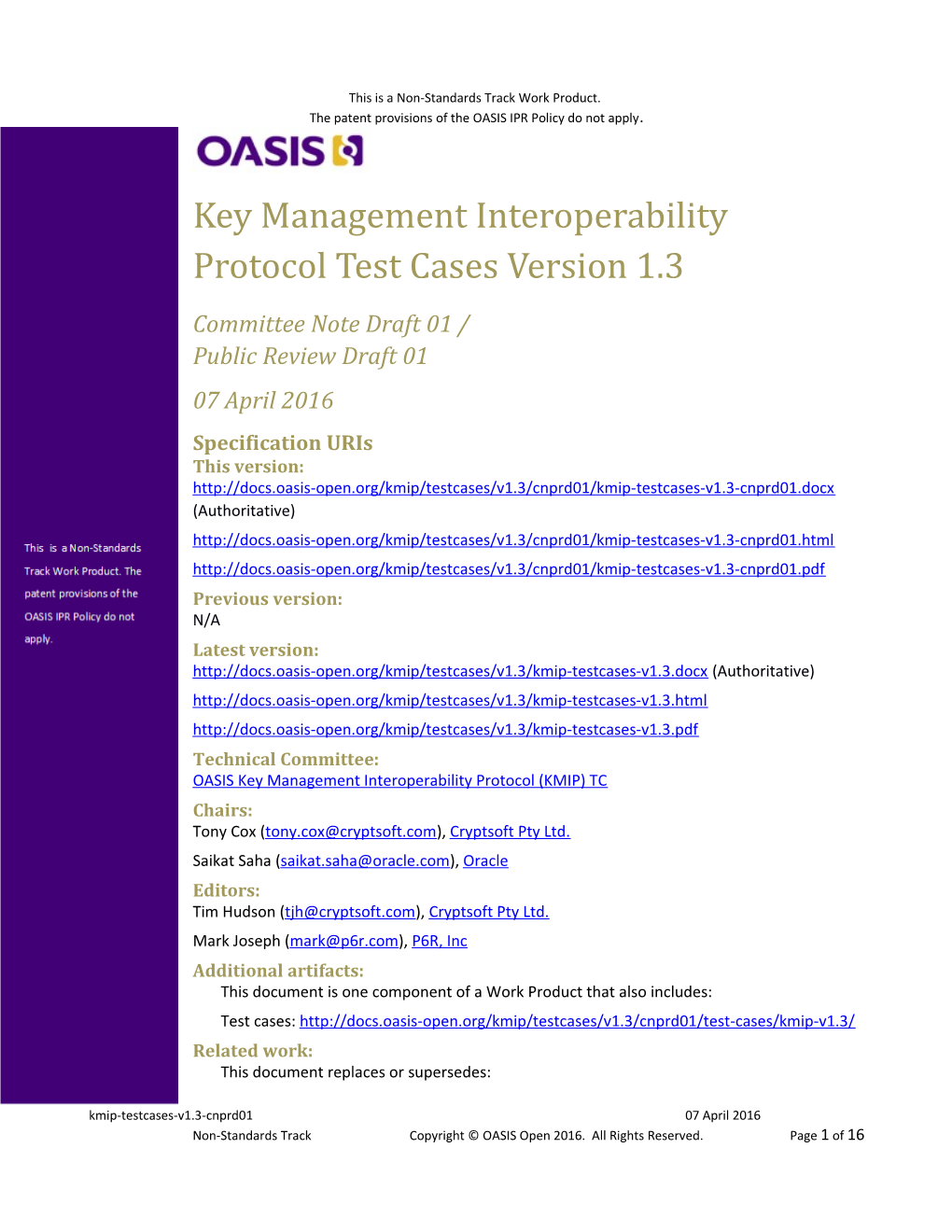 Key Management Interoperability Protocol Test Cases Version 1.3