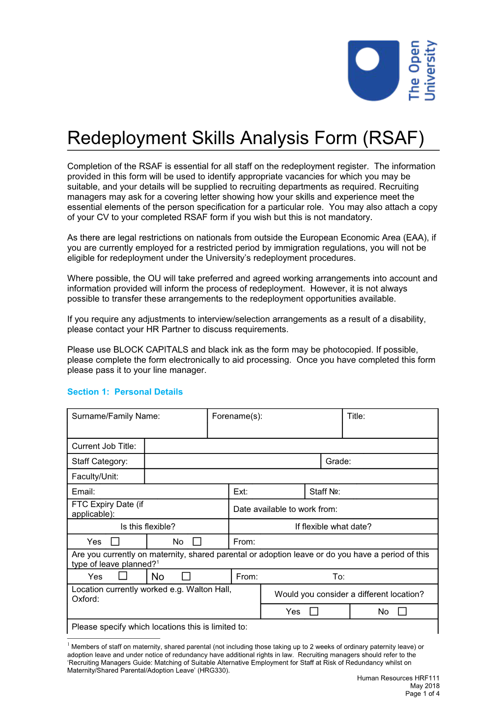 Redeployment Skills Analysis Form (RSAF): Staff at Risk of Redundancy Whilst on Maternity/Shared