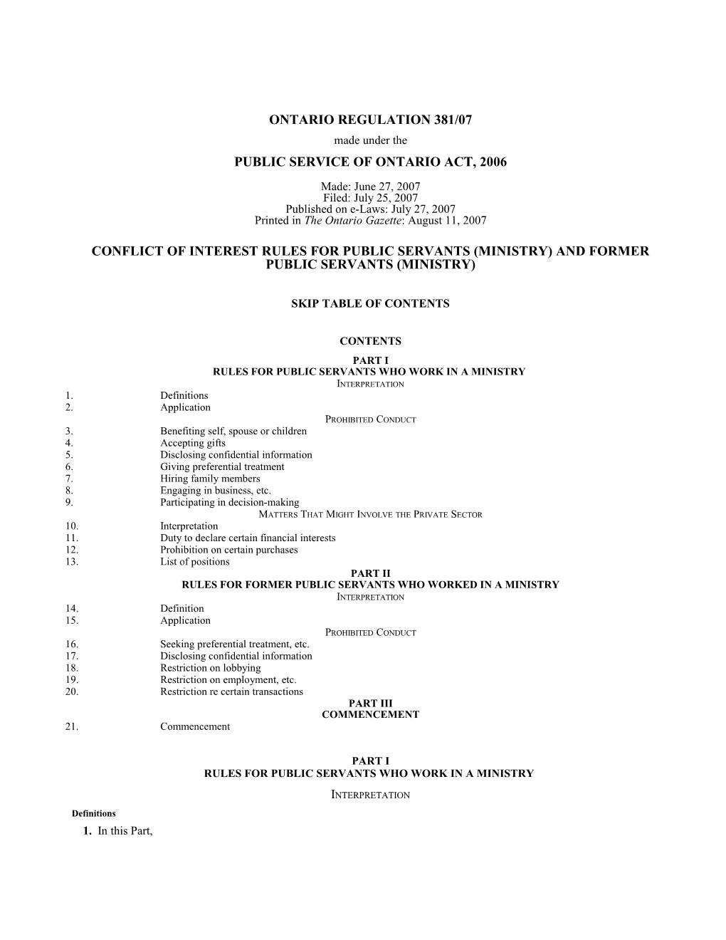 PUBLIC SERVICE of ONTARIO ACT, 2006 - O. Reg. 381/07