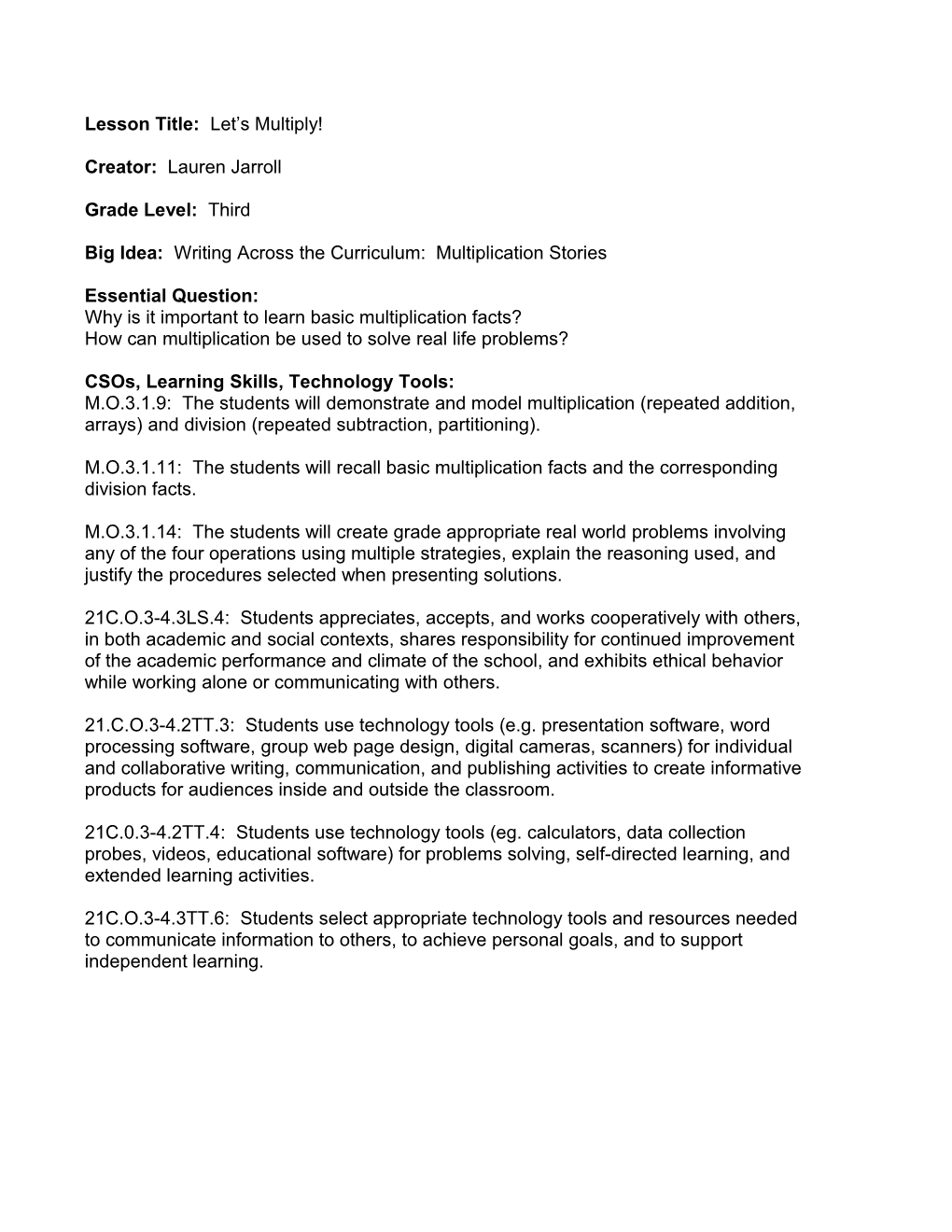 Mathematics Lesson Design Template