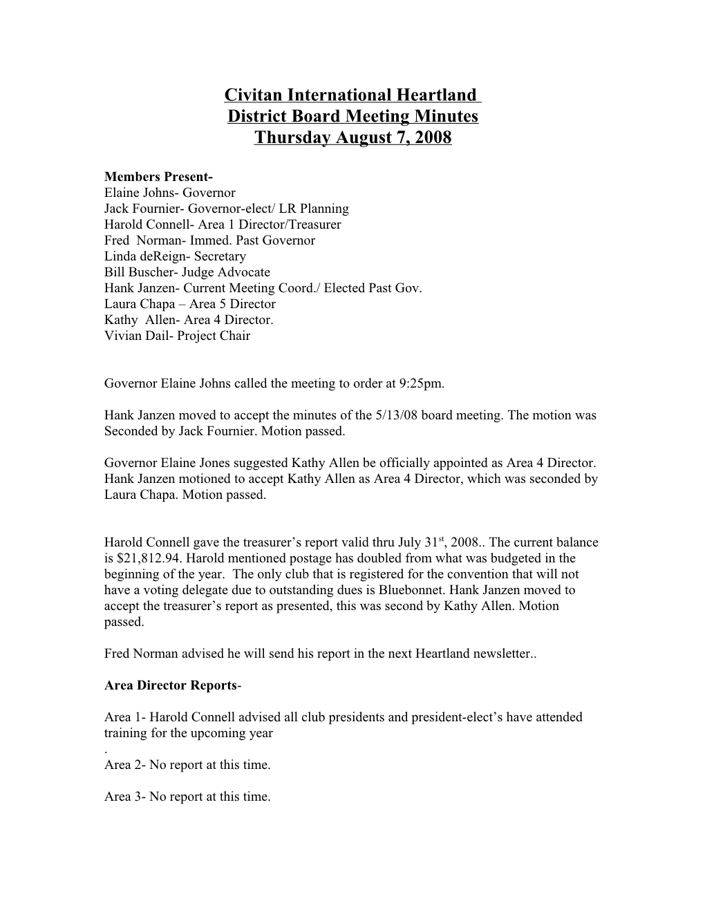 Civitan International Heartland District Board Meeting Minutes