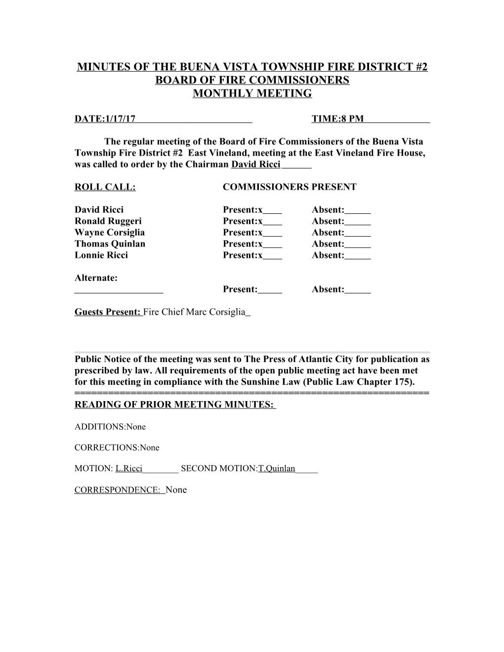 Minutes of the Buena Vista Township Fire District #2