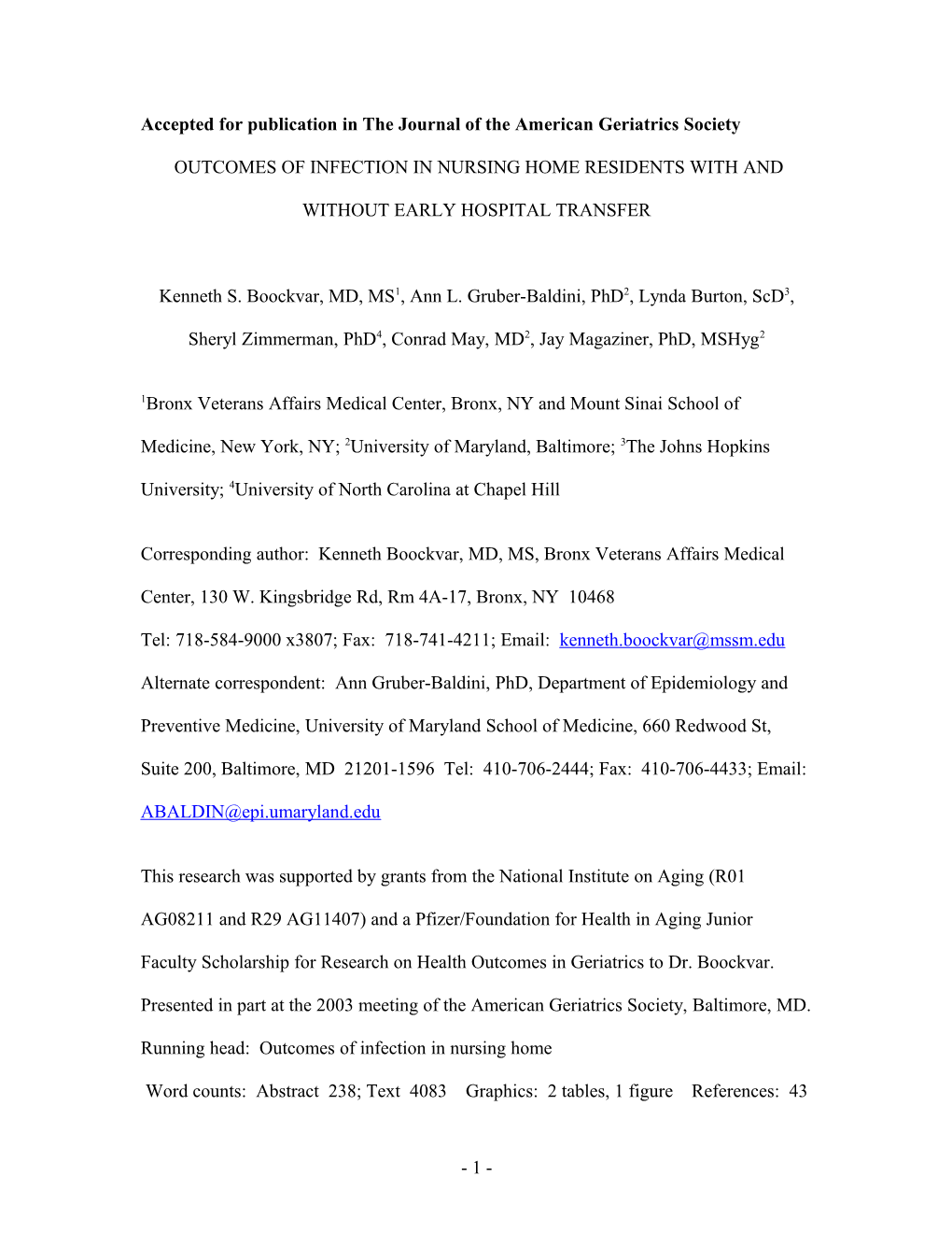 Outcomes of Infection in Nursing Home Residents with and Without Early Hospital Transfer