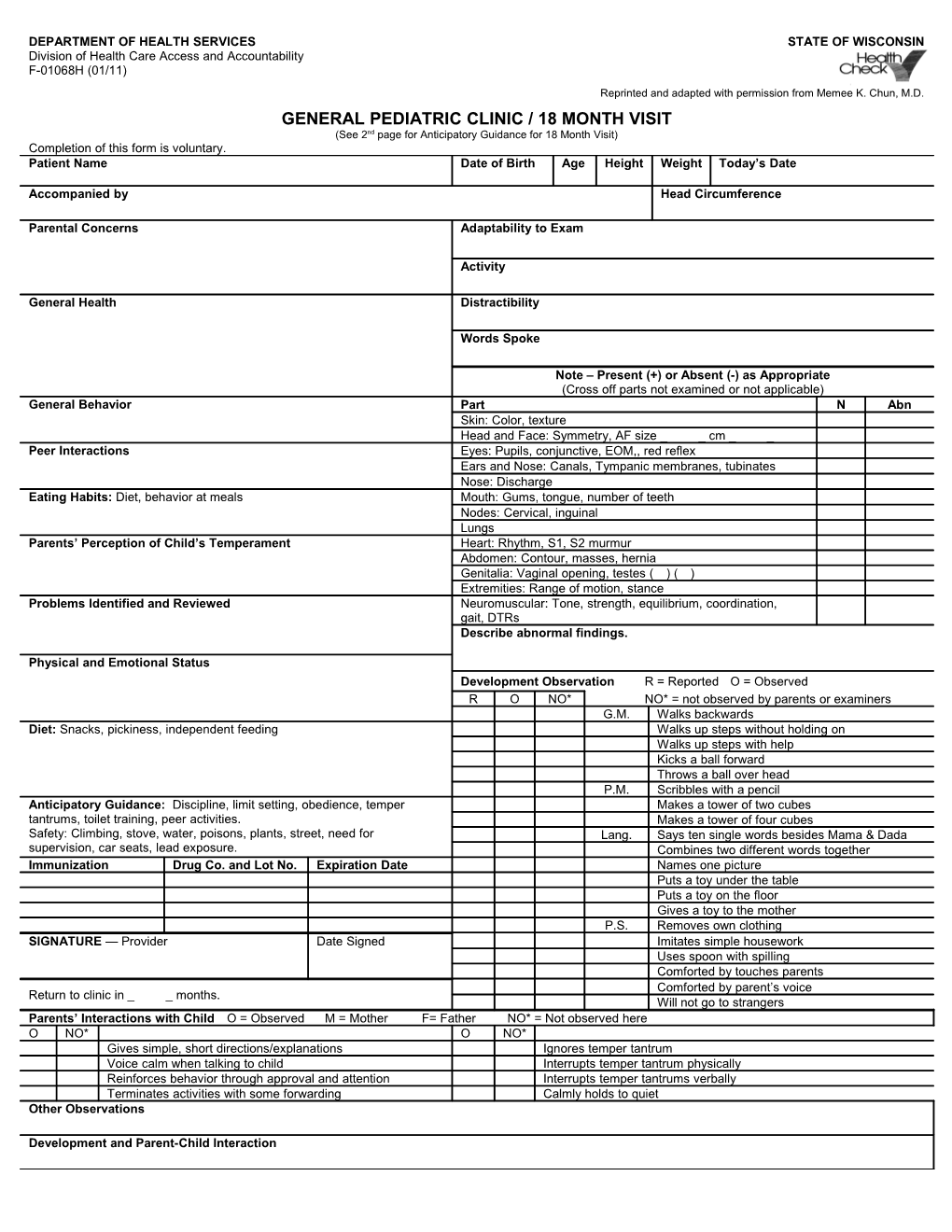 Healthcheck General Pediatric Clinic / 18 Month Visit