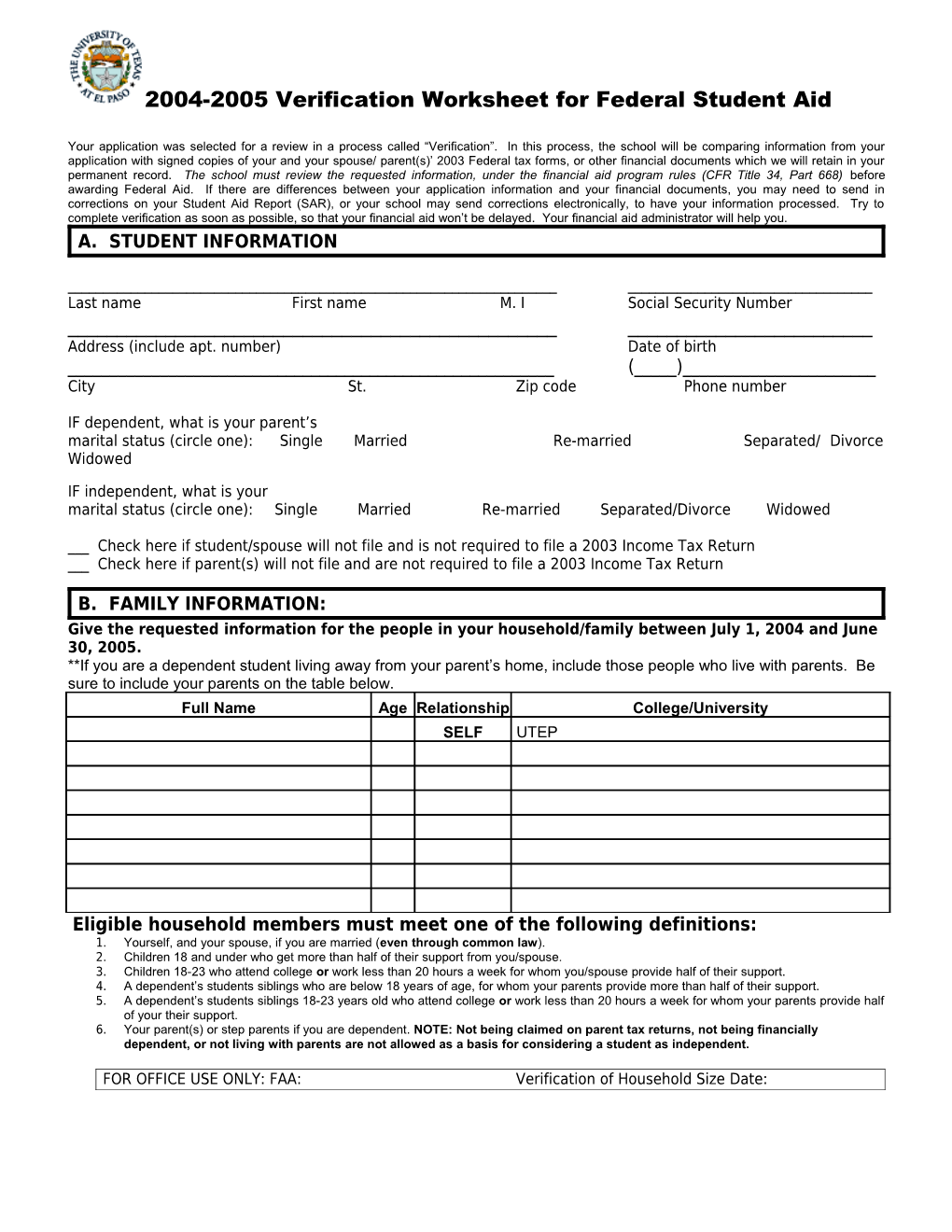 WORKSHEET a (Calendar Year 2000)