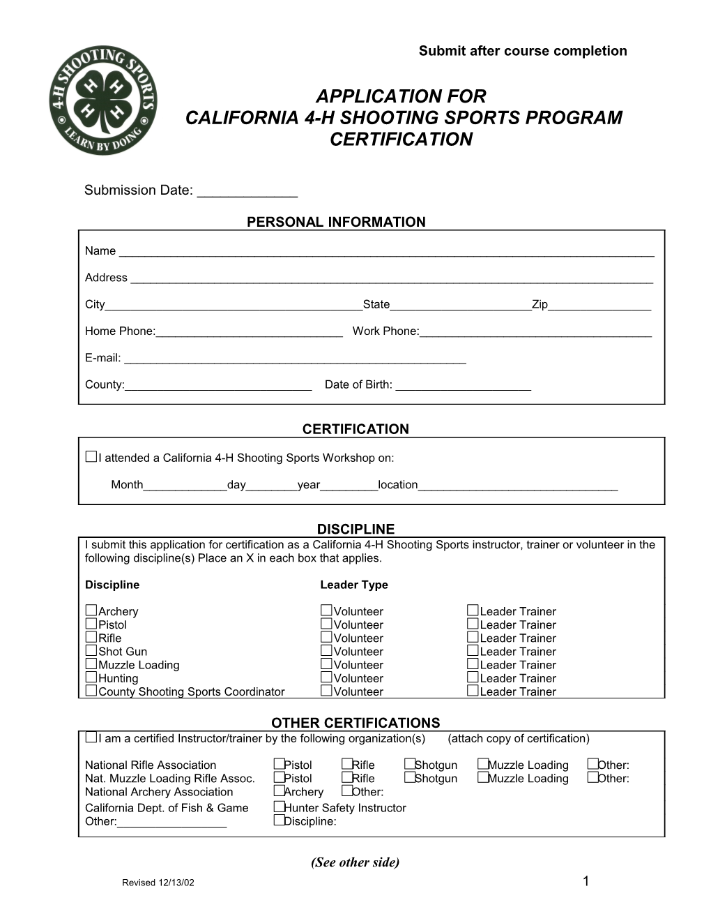 Application for California 4-H Shooting Sports Program Certification