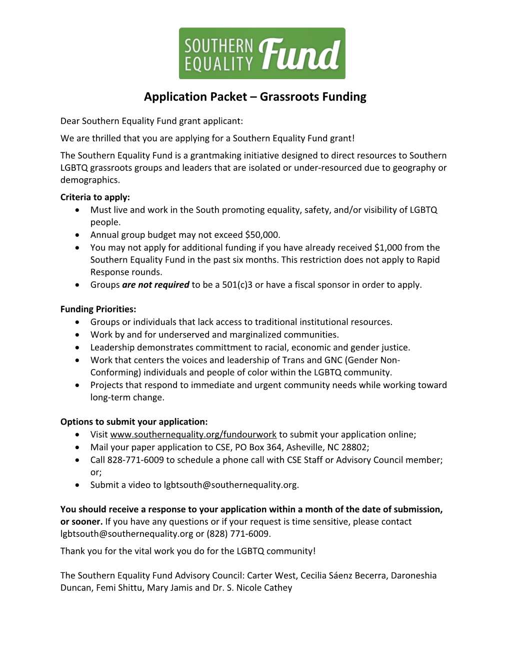 Application Packet Grassroots Funding