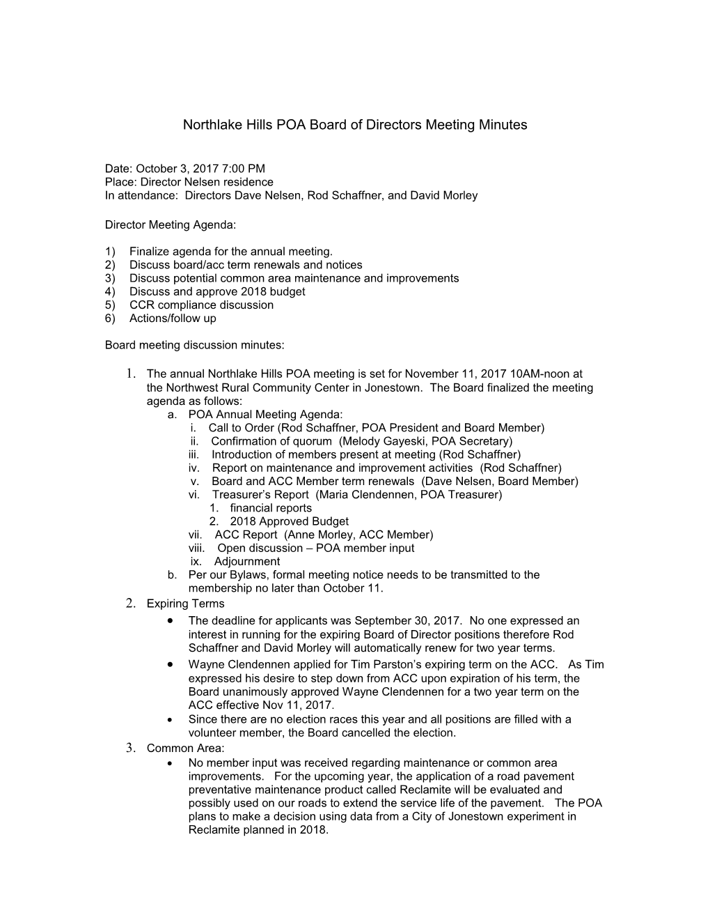 Northlake Hills POA Board of Directors Meeting Minutes