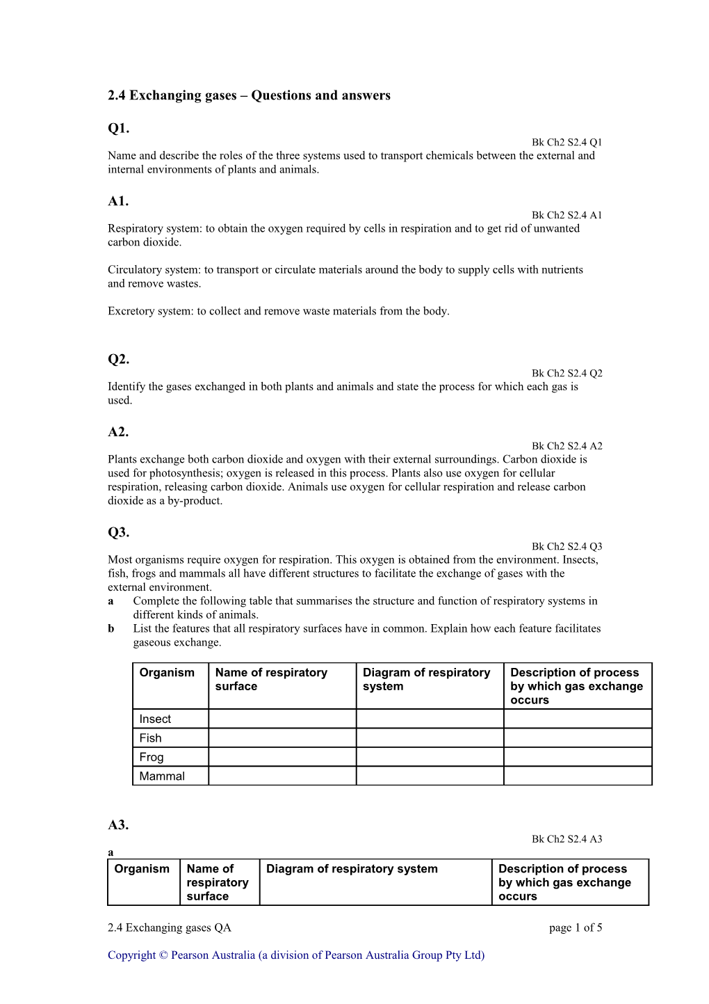 2.4 Exchanging Gases Questions and Answers