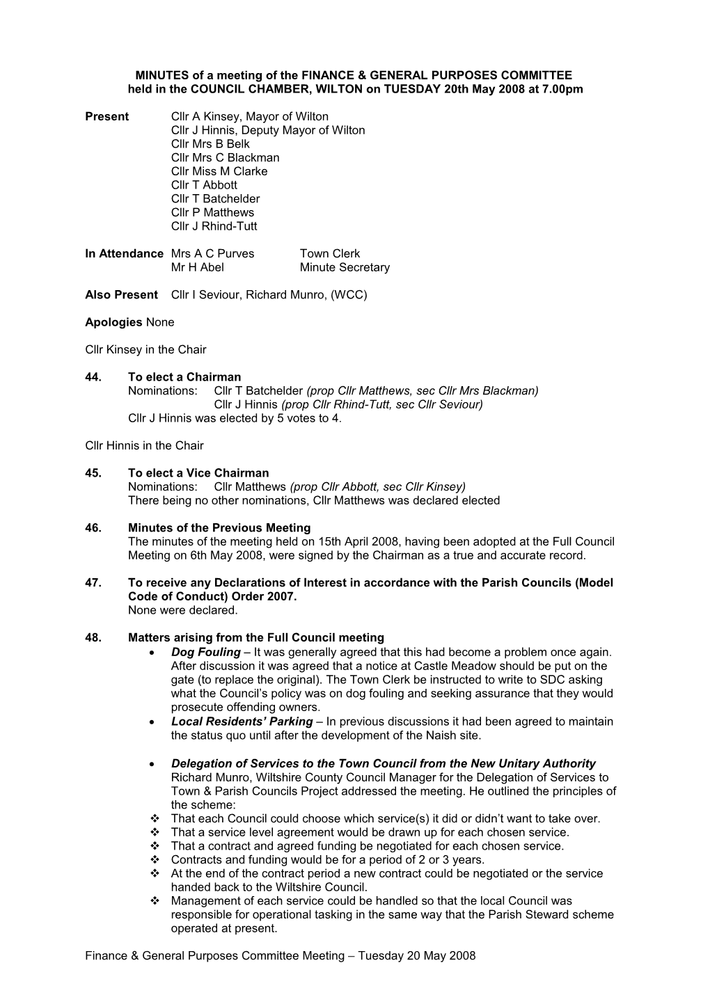MINUTES of a Meeting of WILTON TOWN COUNCIL Held in the COUNCIL CHAMBERS, KINGSBURY SQUARE s2