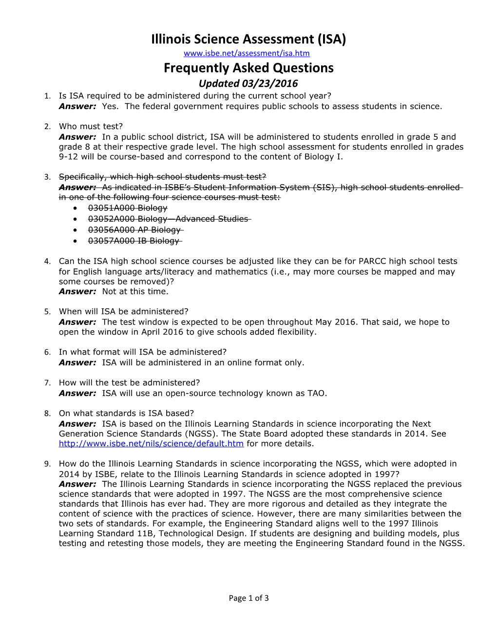 Illinois Science Assessment (ISA)Frequently-Asked Questions Updated 03/17/2016