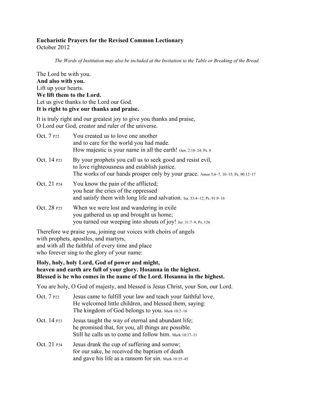 Eucharistic Prayers for the Revised Common Lectionary