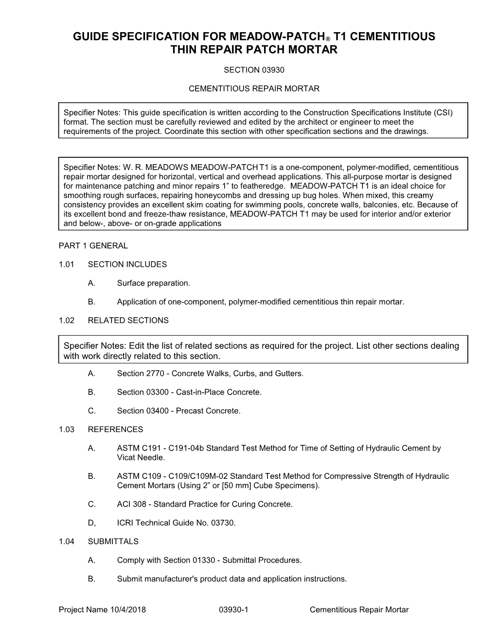 Guide Specification for Meadow-Patch T1 Cementitious Thin Repair Patch Mortar