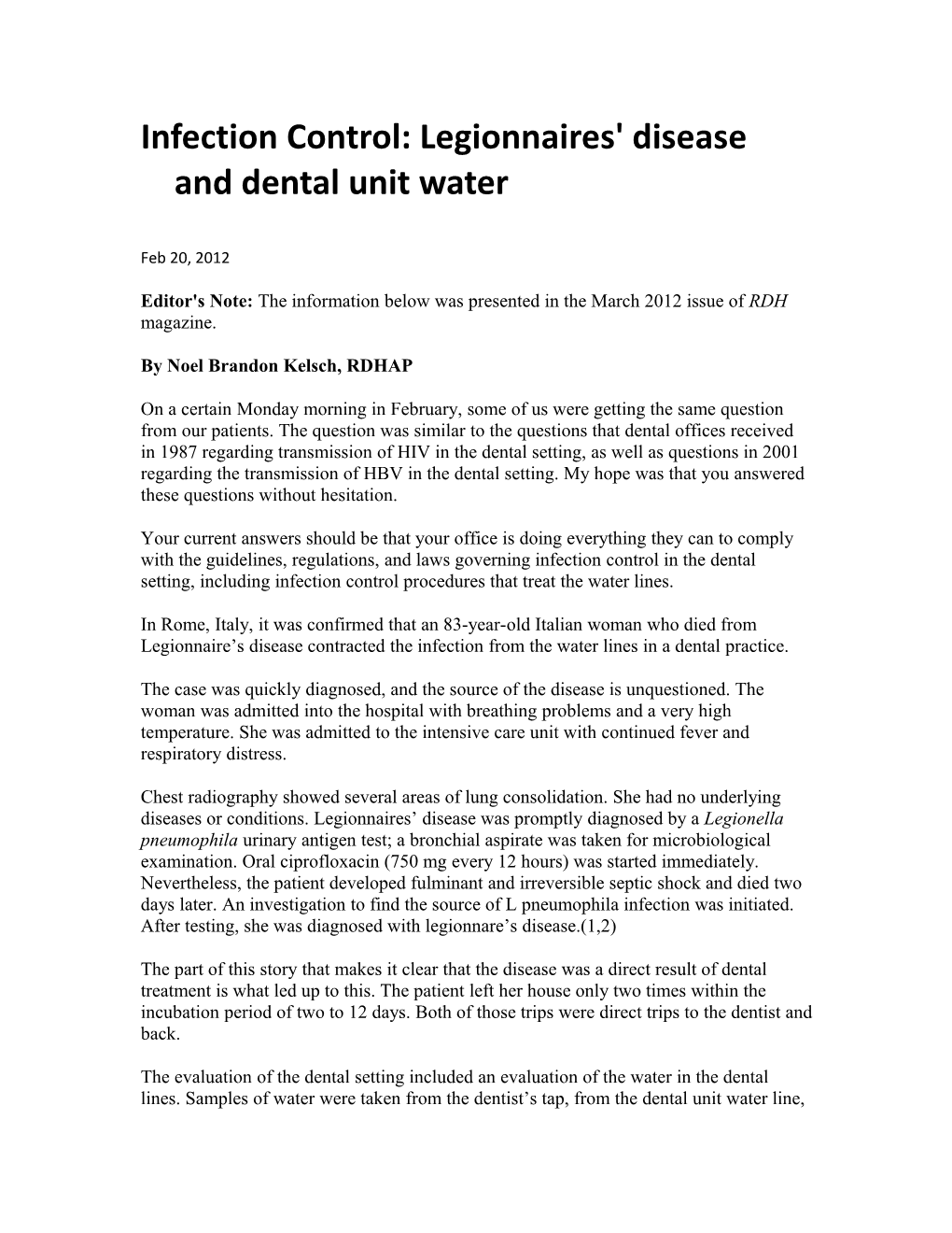 Infection Control: Legionnaires' Disease and Dental Unit Water