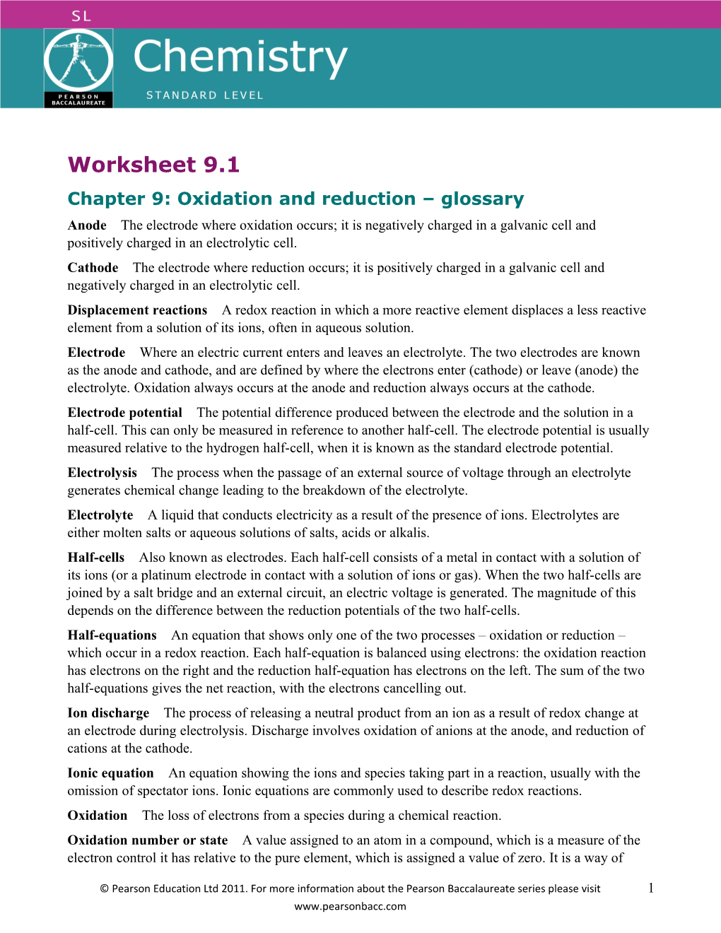 Chapter 9: Oxidation and Reduction Glossary