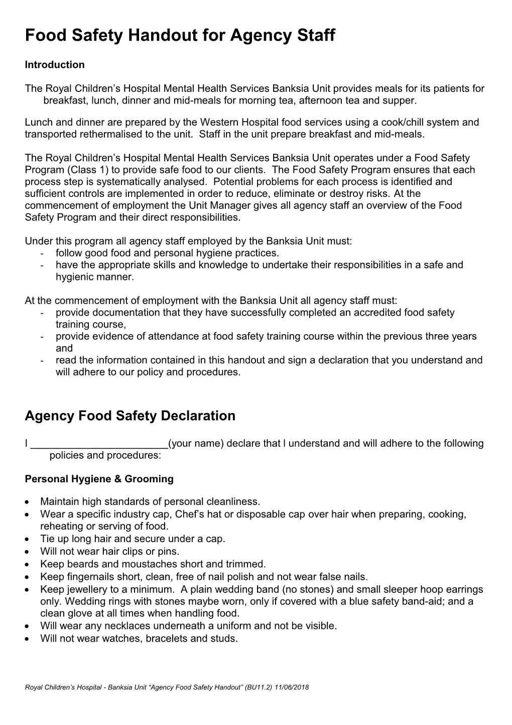 Food Safety Handout for Agency Staff