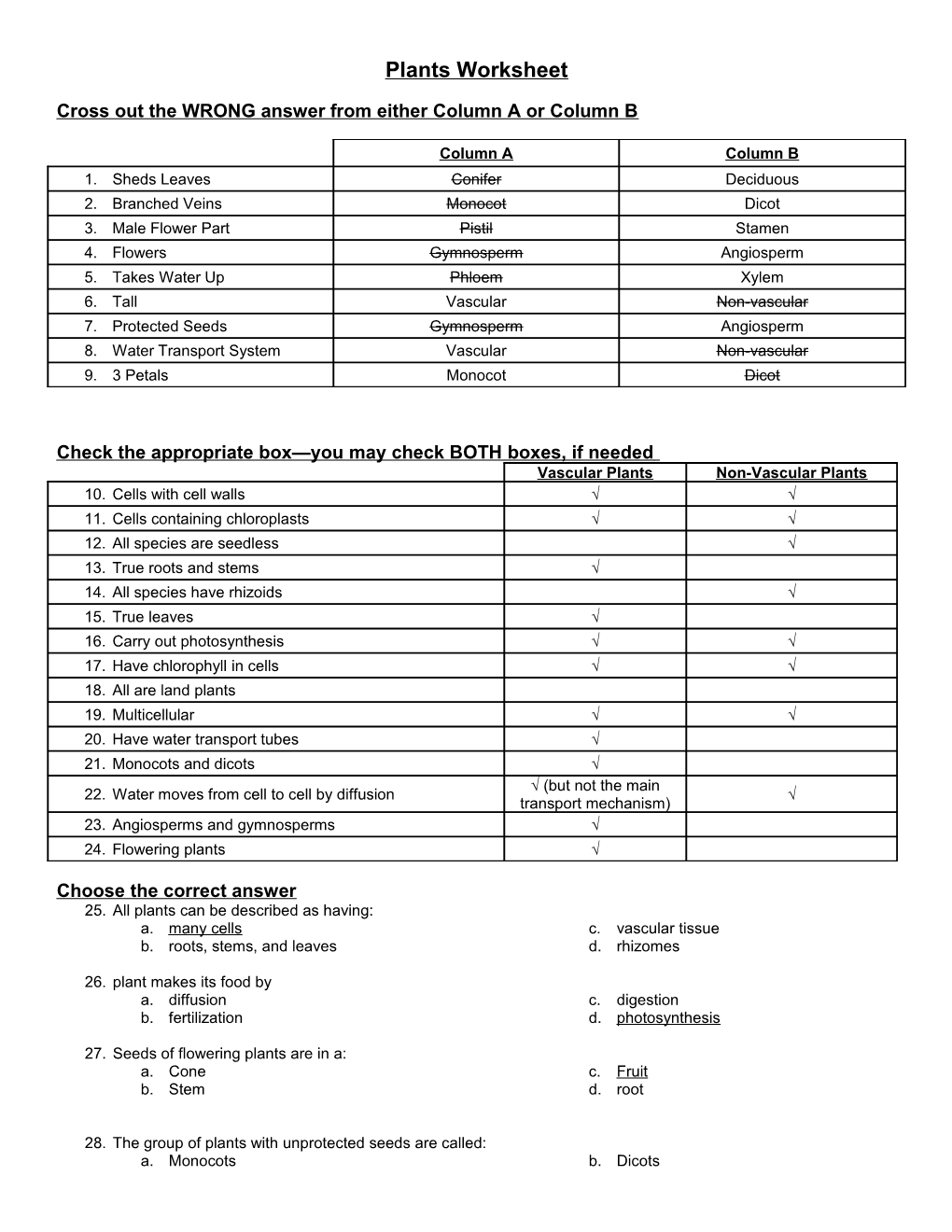 Cross out the WRONG Answer from Either Column a Or Column B