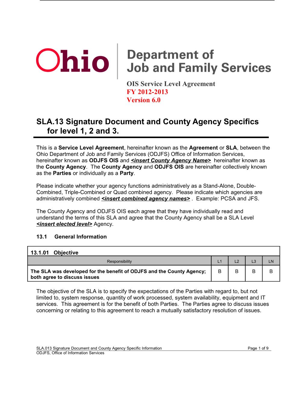 SLA.13 Signature Document and County Agency Specifics for Level 1, 2 and 3