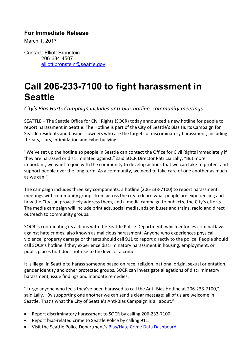 Call 206-233-7100 to Fight Harassment in Seattle