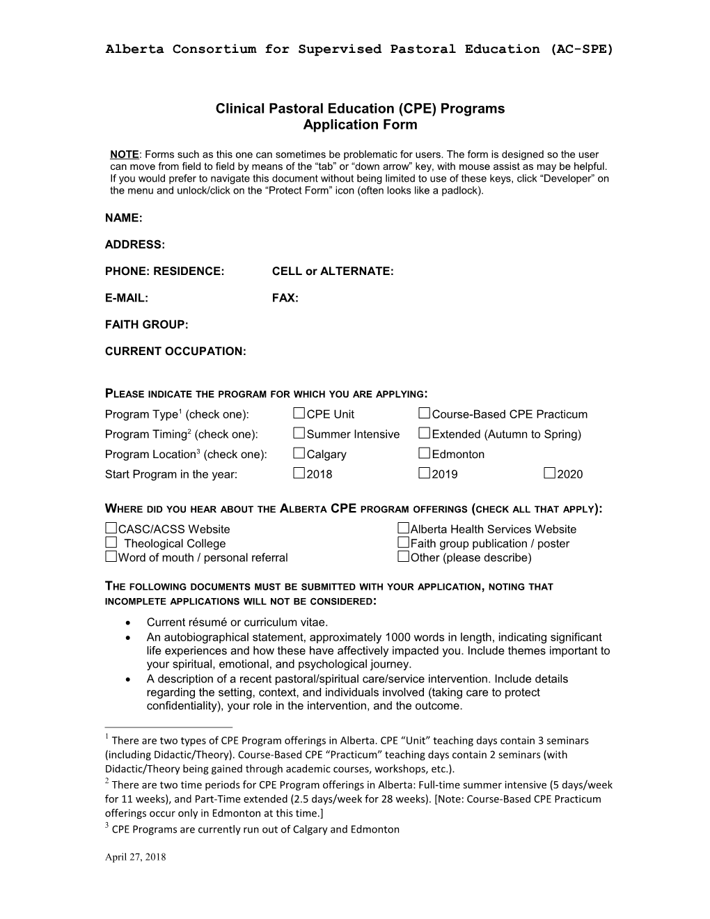 Clinical Pastoral Education (CPE) Programsapplication Form