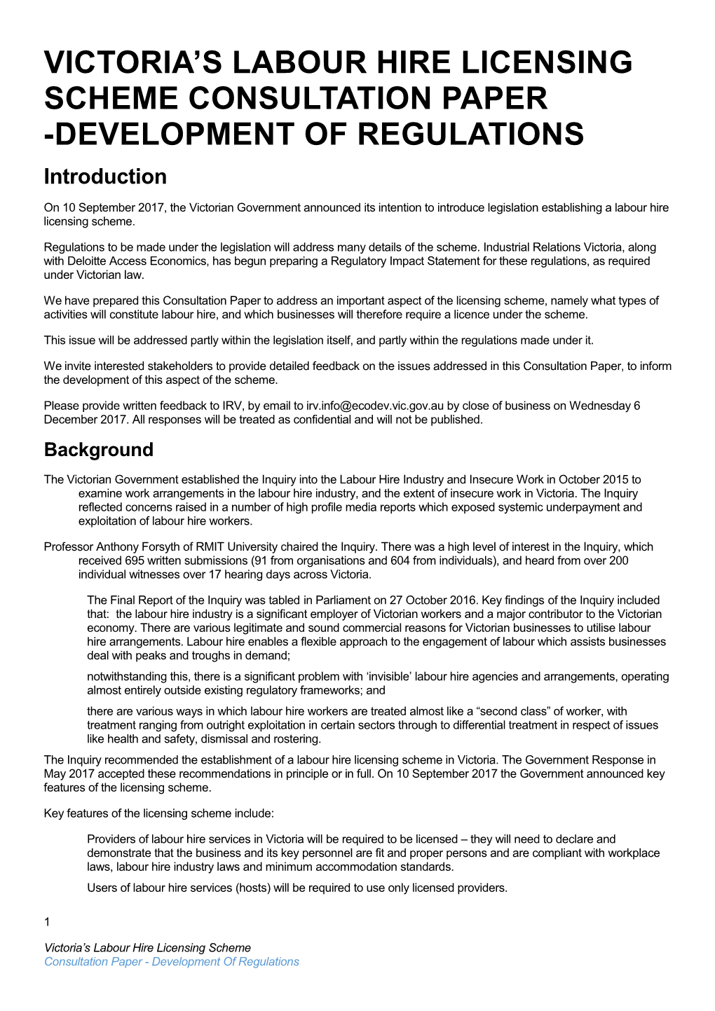Victoria S Labour Hire Licensing Schemeconsultation Paper -Development of Regulations