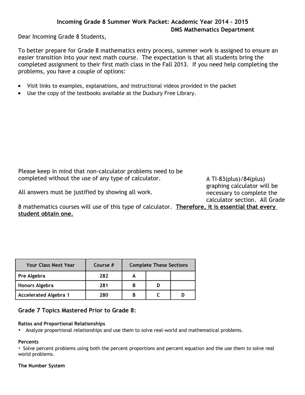 Incoming Grade 8 Summer Work Packet: Academic Year 2014 - 2015