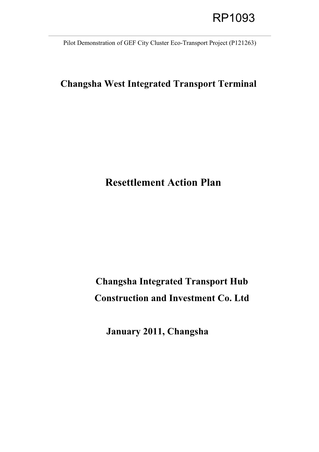 Changsha West Integrated Transport Terminal Resettlement Action Plan