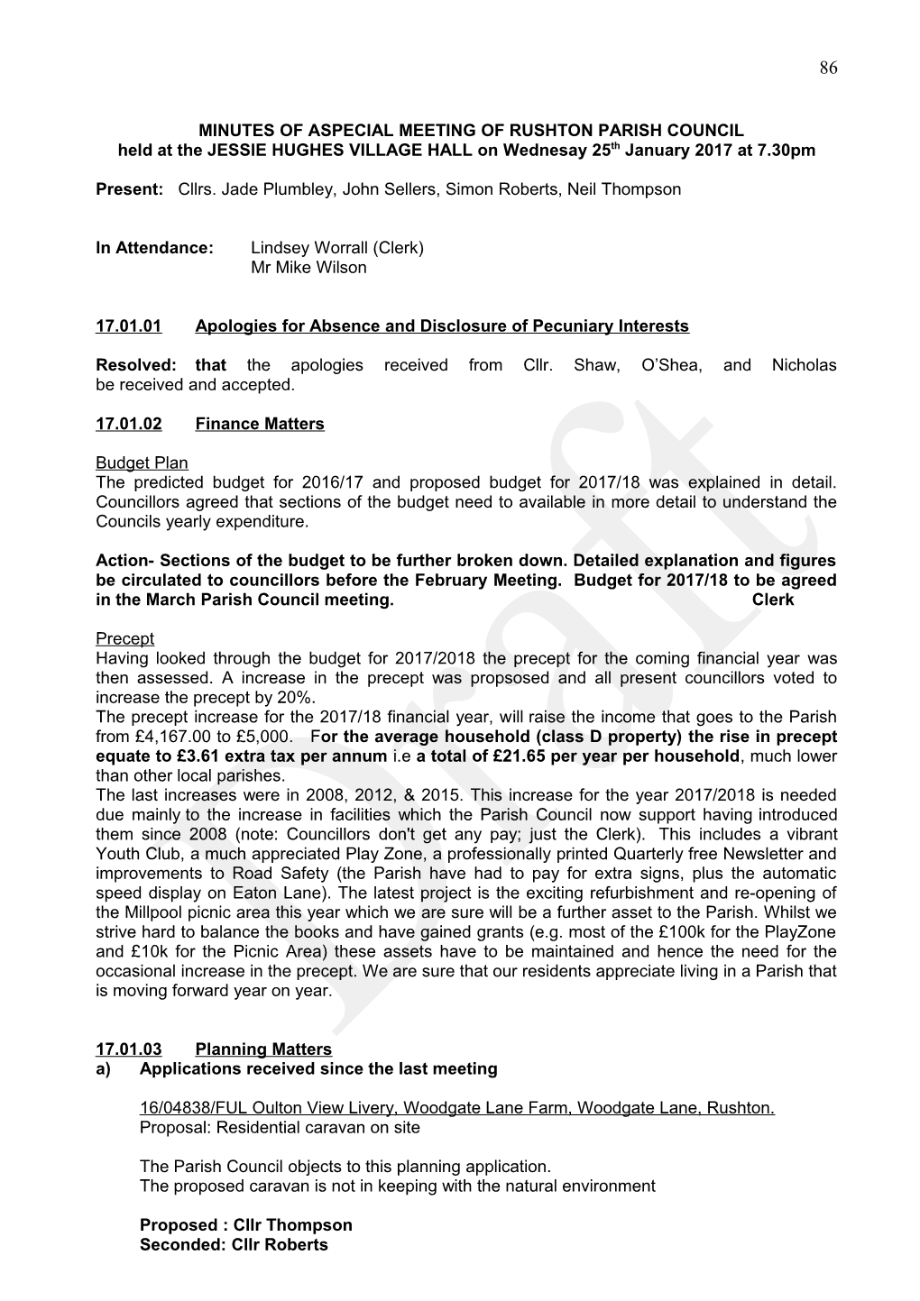 Minutes of Aspecial Meeting of Rushton Parish Council