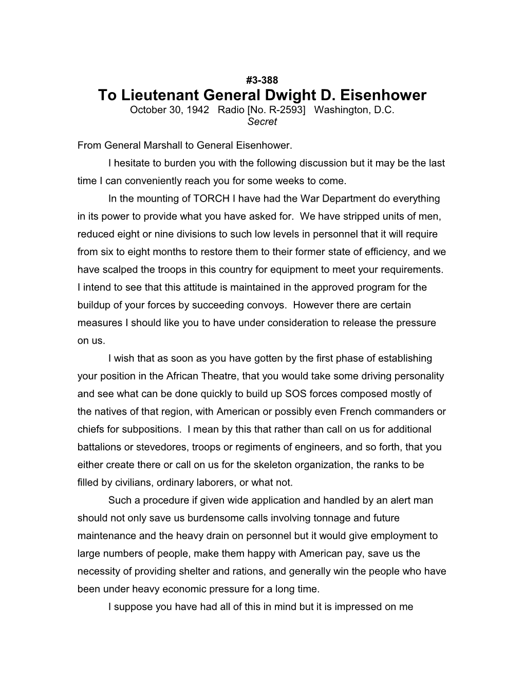 To Lieutenant General Dwight D. Eisenhower