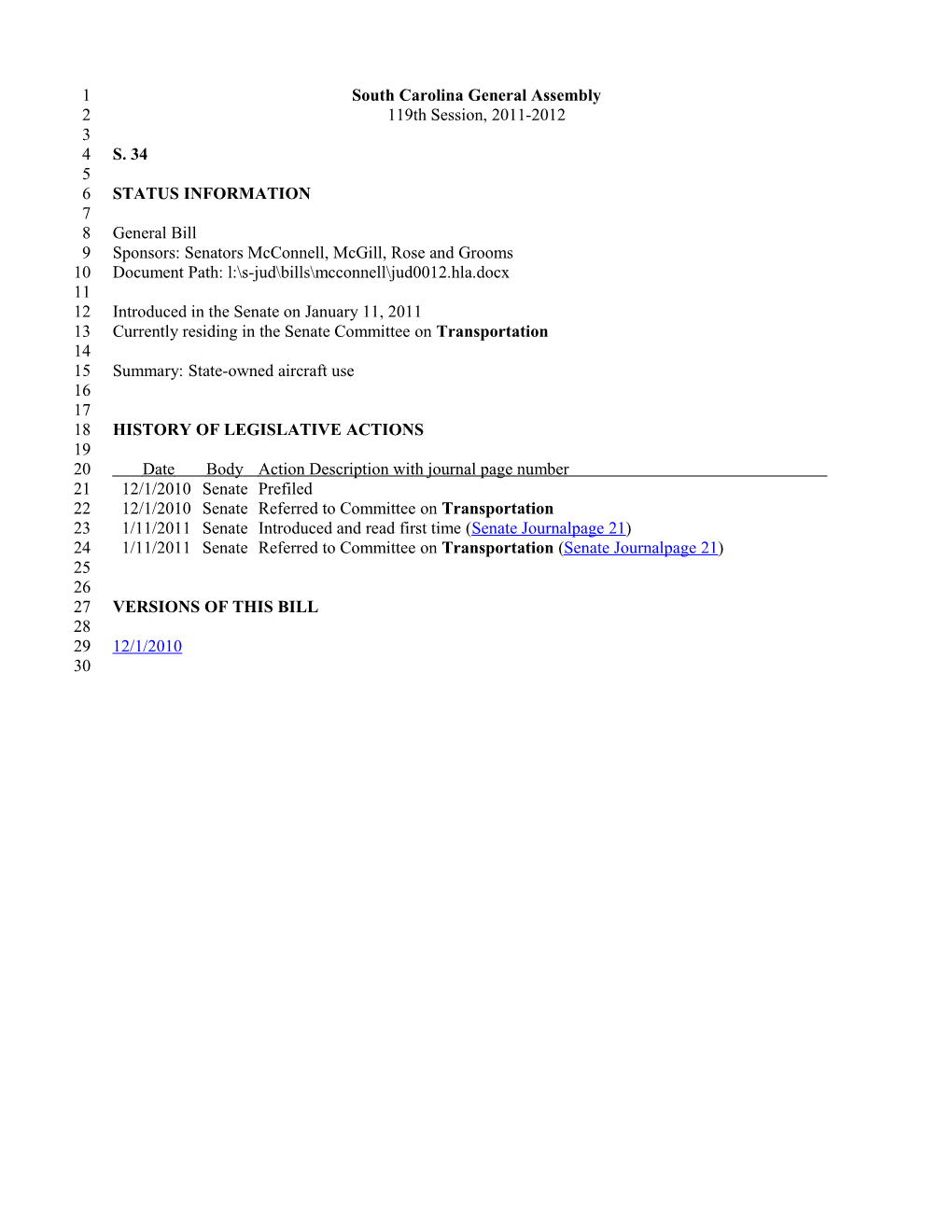 2011-2012 Bill 34: State-Owned Aircraft Use - South Carolina Legislature Online