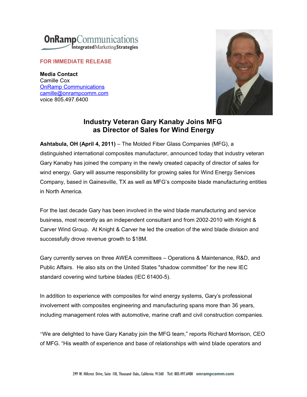 Industry Veteran Gary Kanaby Joins MFG As Director of Sales for Wind Energy
