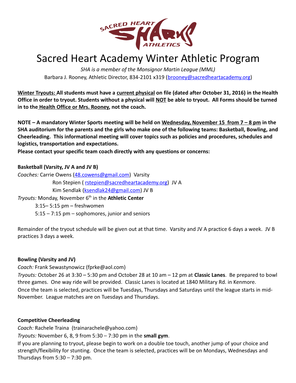 Sacred Heart Academy Winter Athletic Program