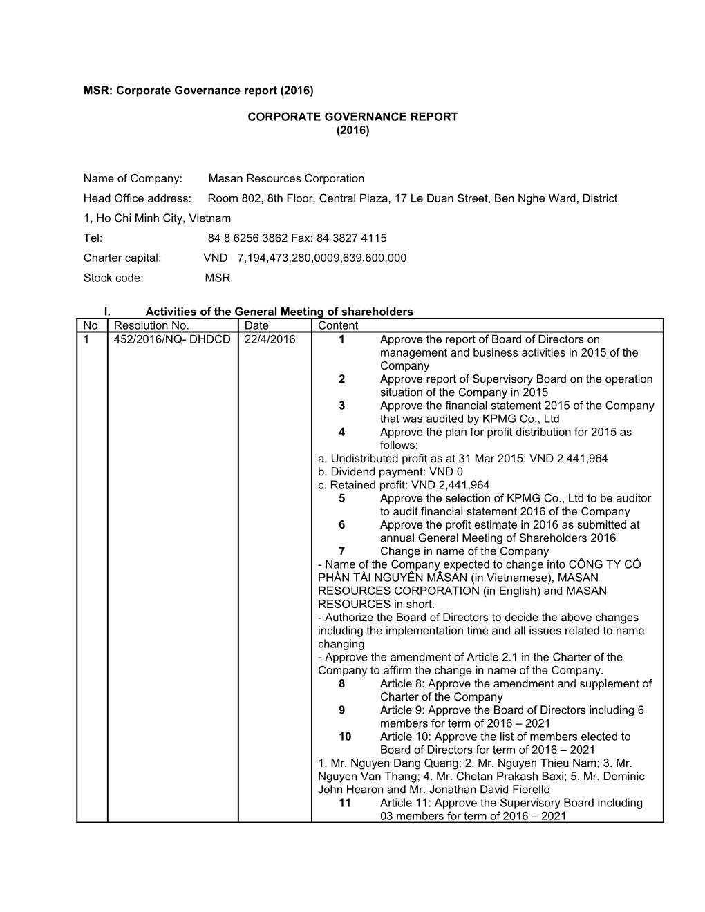 MSR: Corporate Governance Report (2016)