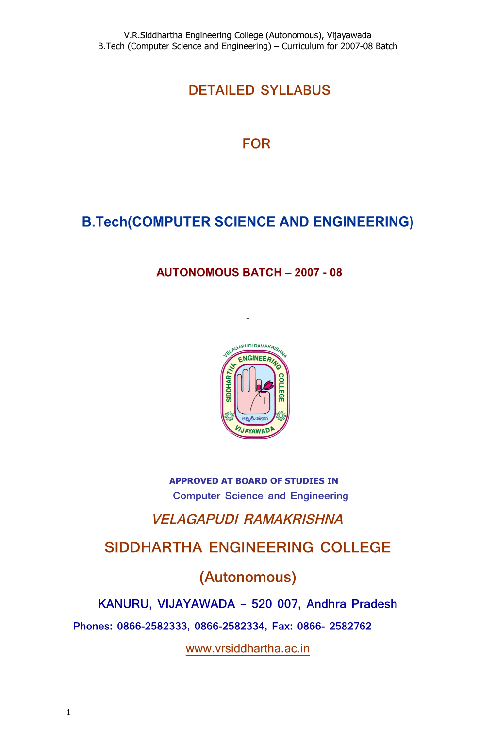 B.Tech (Computer Science and Engineering) Curriculum for 2007-08 Batch