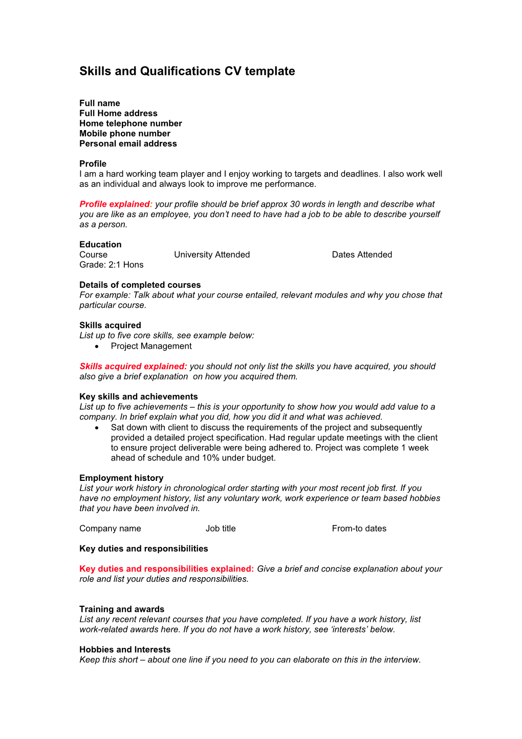 Qualifications CV Template
