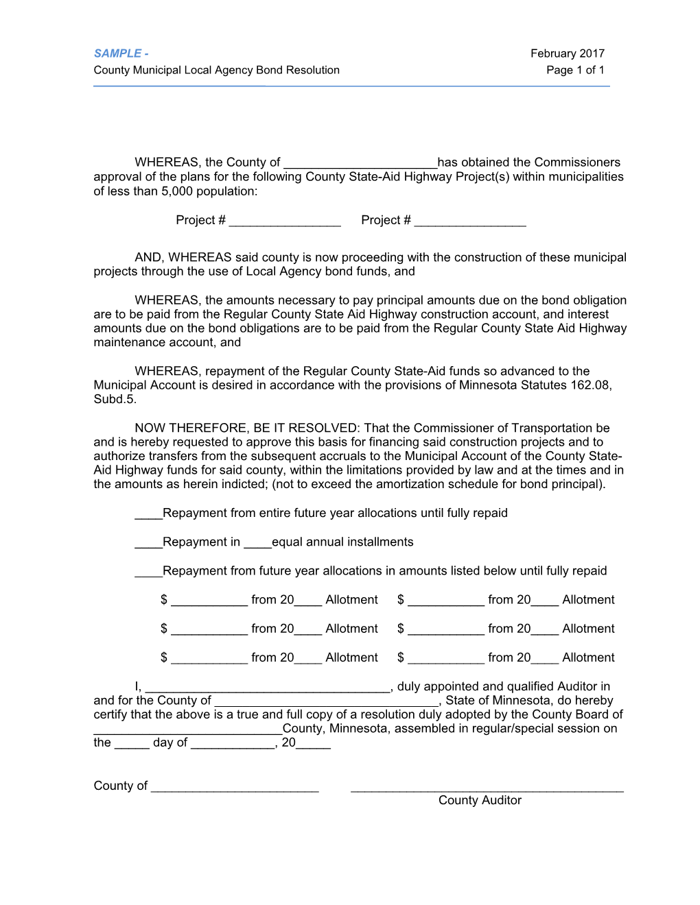 County Municipal Local Agency Bond Resolution Page 1 of 1