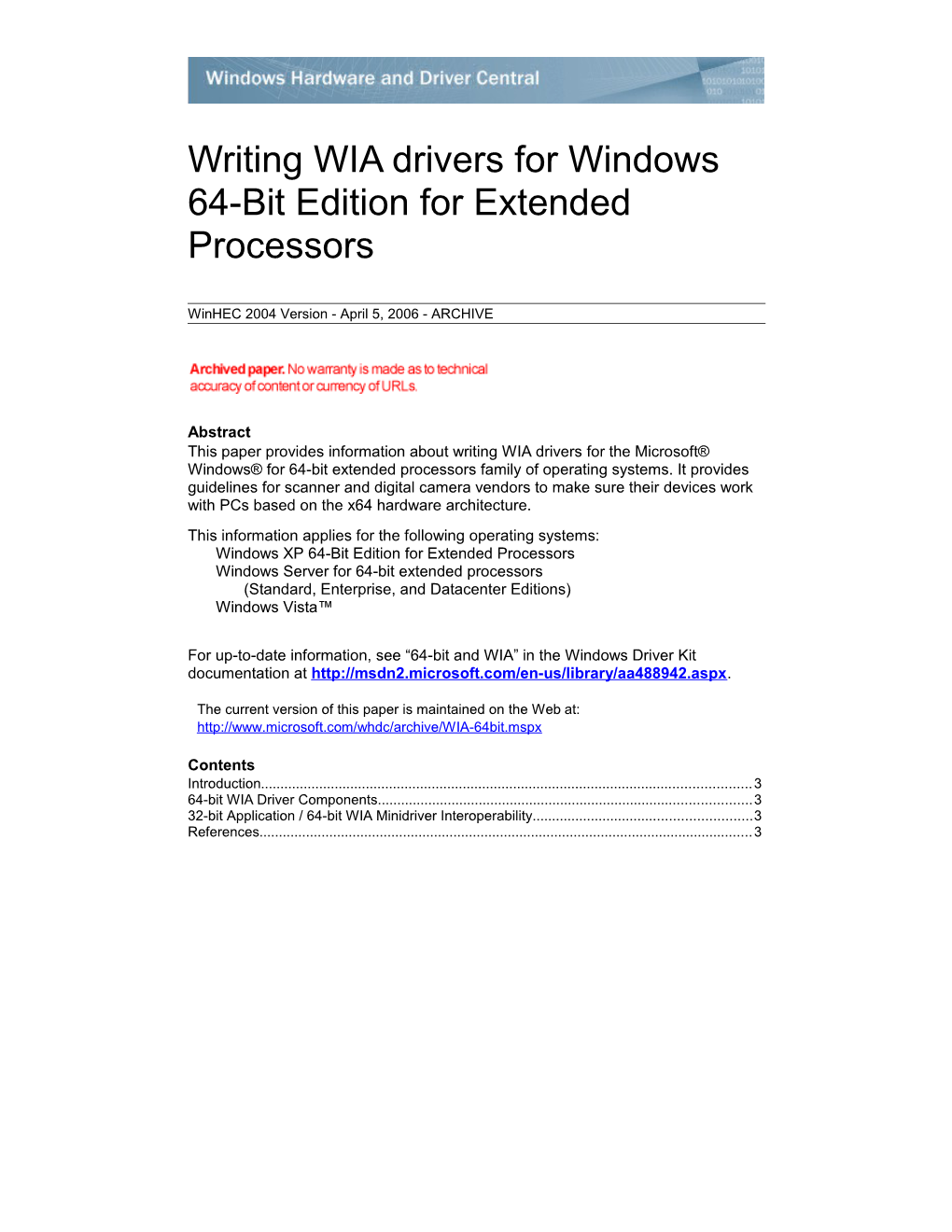 Writing WIA Drivers for Windows 64-Bit Edition for Extended Processors